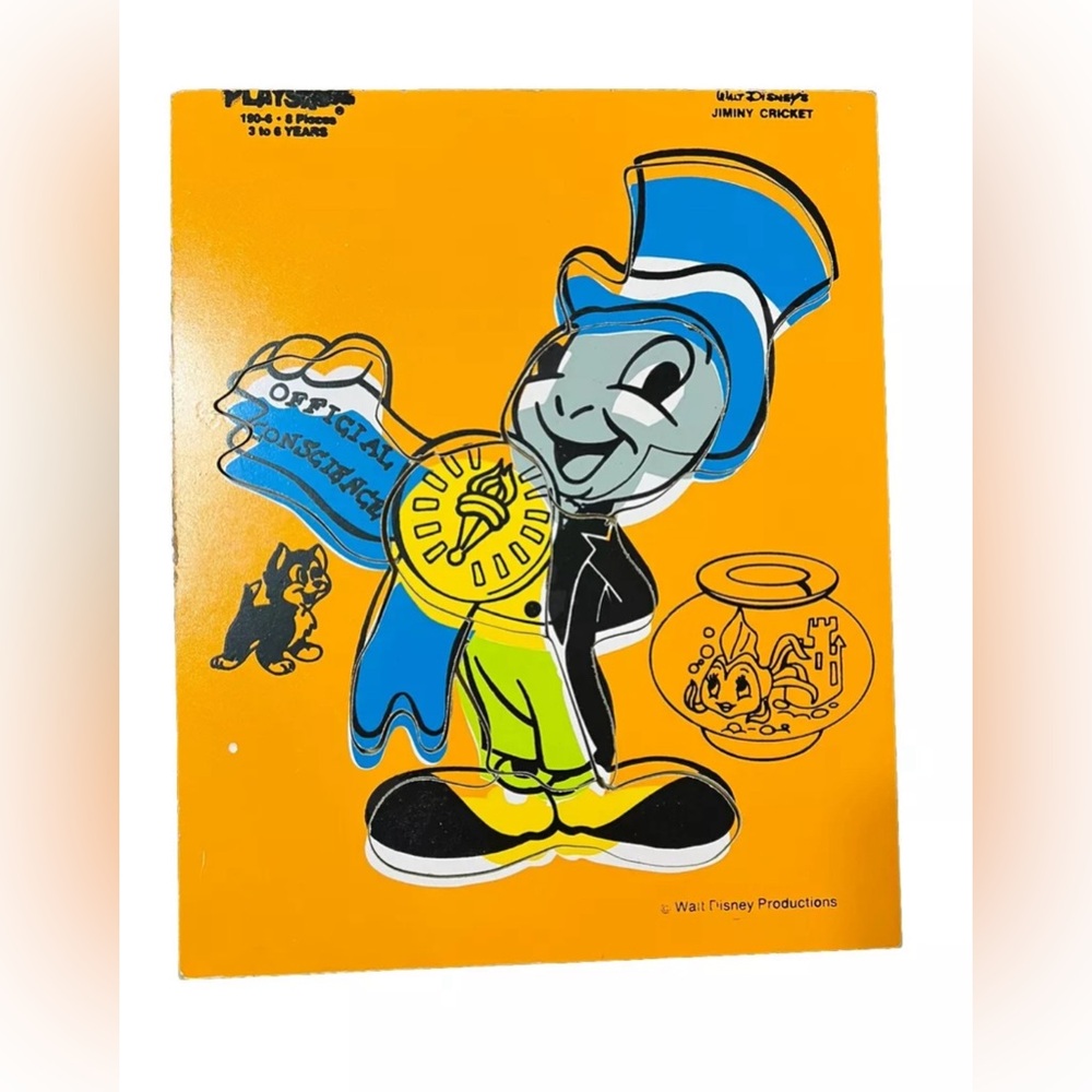 Vtg Playskool Disney Wooden Puzzle Jiminy Cricket Pinocchio #190-6 MCM Fairycore